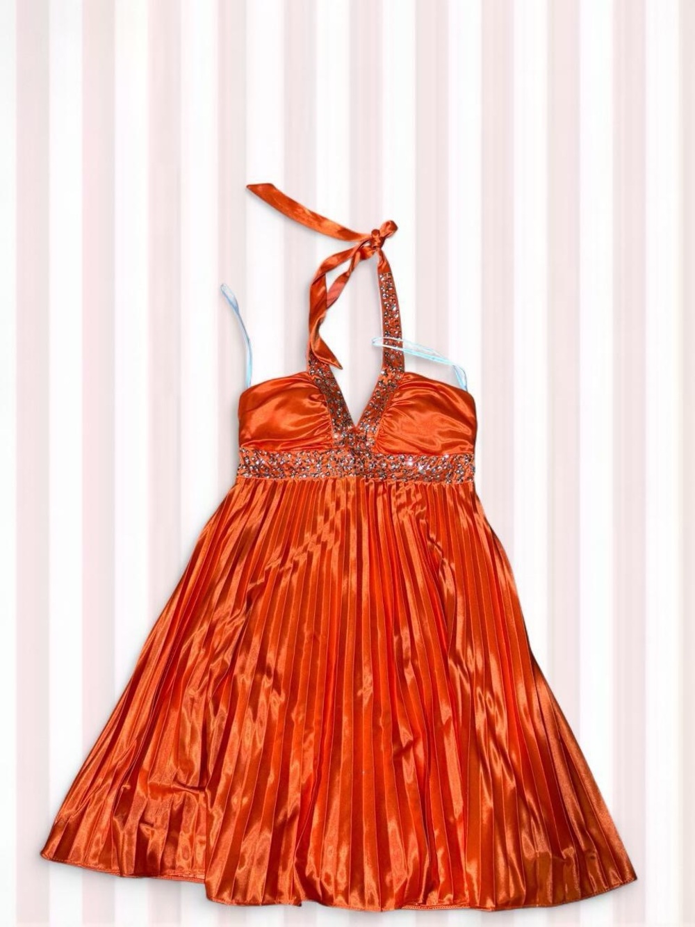 Morgan & Co. Shiny Orange Halter Dress with Jeweled Waist